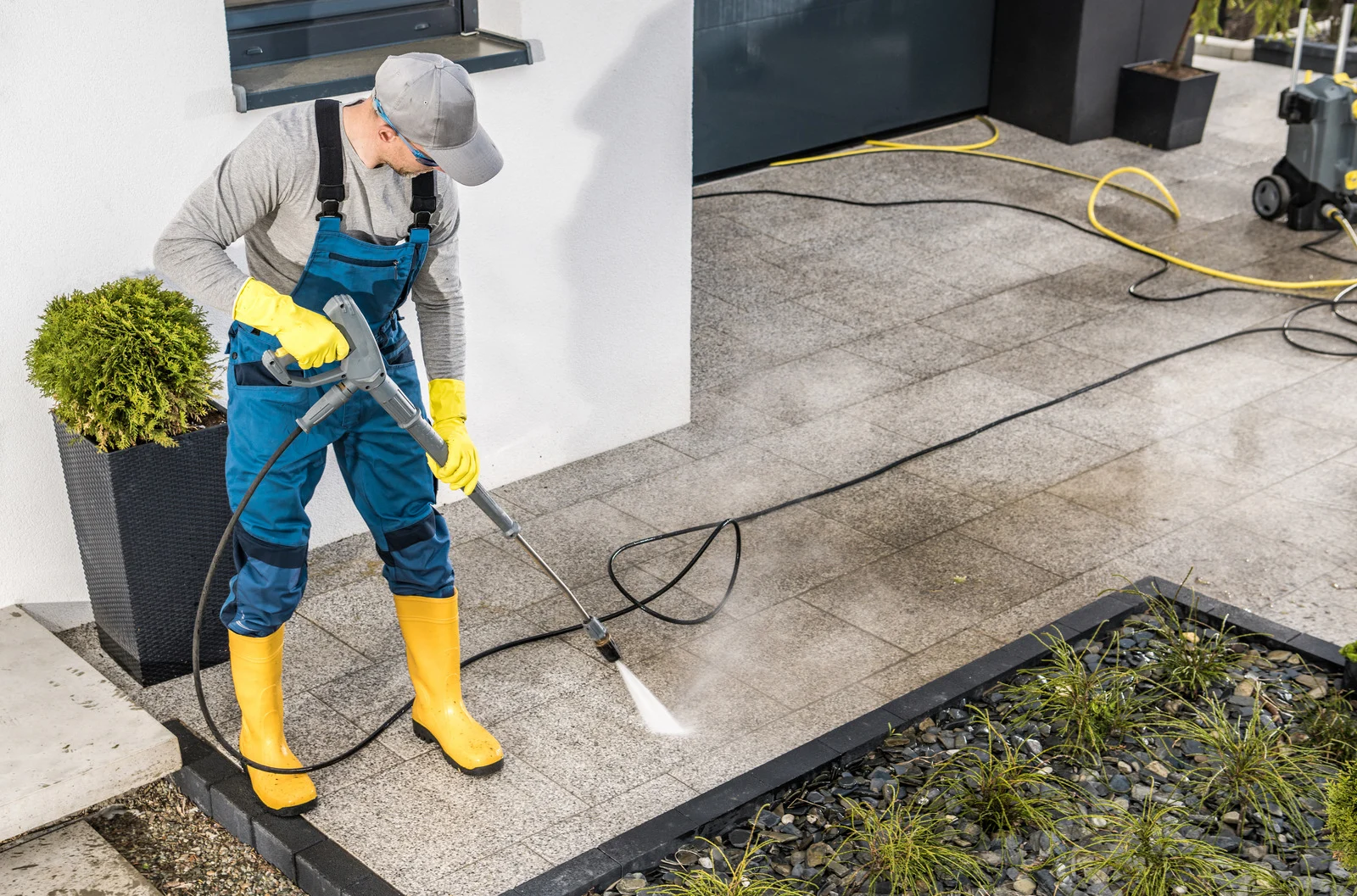 Exterior cleaning technician washing a home's exterior wall